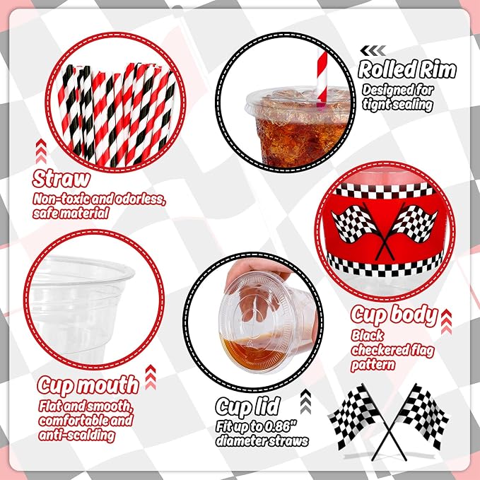 FYSUIMU 50Pcs Race Car Birthday Disposable Plastic Cups with Lids and Straws 12Oz Red Black Checkered Flag Race Track Cold Beverage Drink Cups for Racing Car Party Supplies