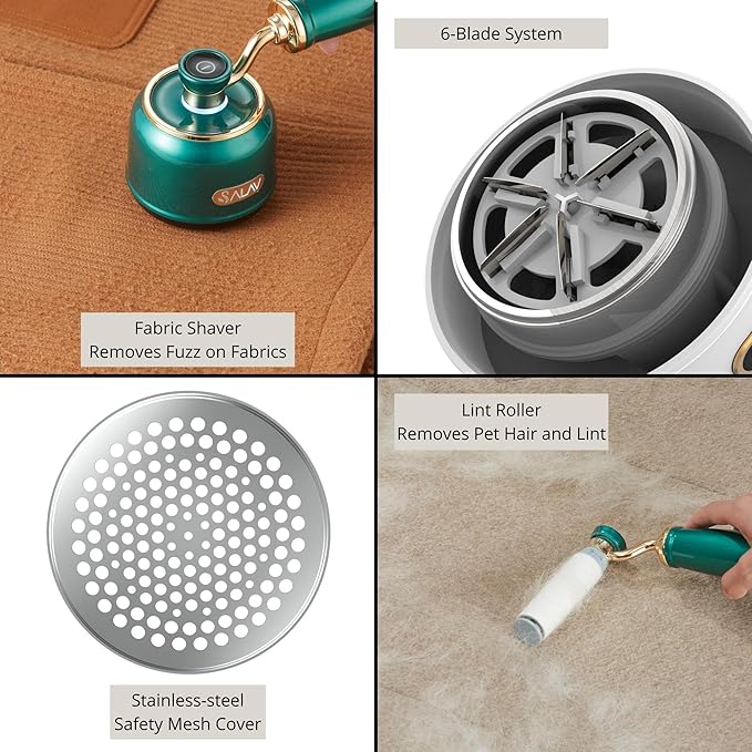 SALAV® Retro Edition Rechargeable Fabric Shaver and Lint Roller with 6-Blade System Removes Fuzz and Piling on Fabrics, with Charging Cable and Mini Brush (Emerald)