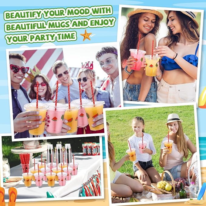 Blushtier 100 Set 12 oz Watermelon Disposable Plastic Cups with Lids and Straws Transparent Orange Watermelon Party Cups for Juice Water Coffee Tea Birthday Summer Fruit Party Supplies