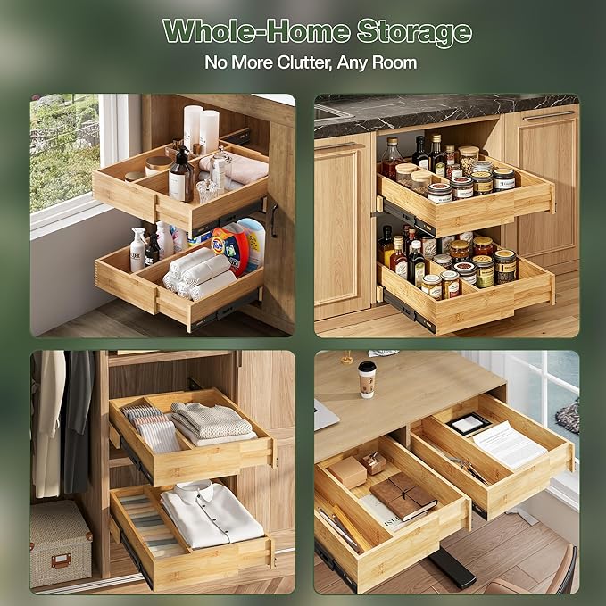 BAMEOS 2-Pack 14" to 20" Adjustable Width Soft Close Slide Out Bamboo Wood Drawer Organizer for Kitchen,Pantry, Bathroom & Under Sink, 2-Pack Wooden Storage, 21" Depth, 66 lbs Capacity