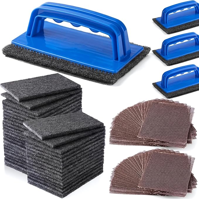 Reallnaive 124 Pcs Griddle Cleaning Kit Screen Holder Grill Screens Cleaning Pads Heavy Duty Abrasive Mesh Pads for Flat Tops, Cast Iron, Stainless Steel Griddle Cleaner Accessories Bundle (Blue)