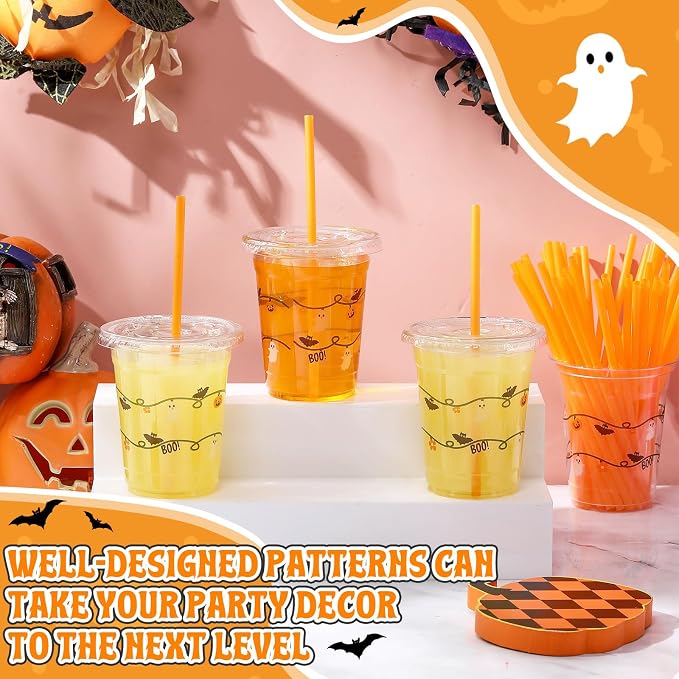 LemonRoad 50 Pcs 12oz Halloween Plastic Cups with Straws and Lids, Disposable Clear Party Cups Pumpkin Ghost Witch Drinking Set for Halloween Birthday Party Favors Supplies(Orange,Classic Style)