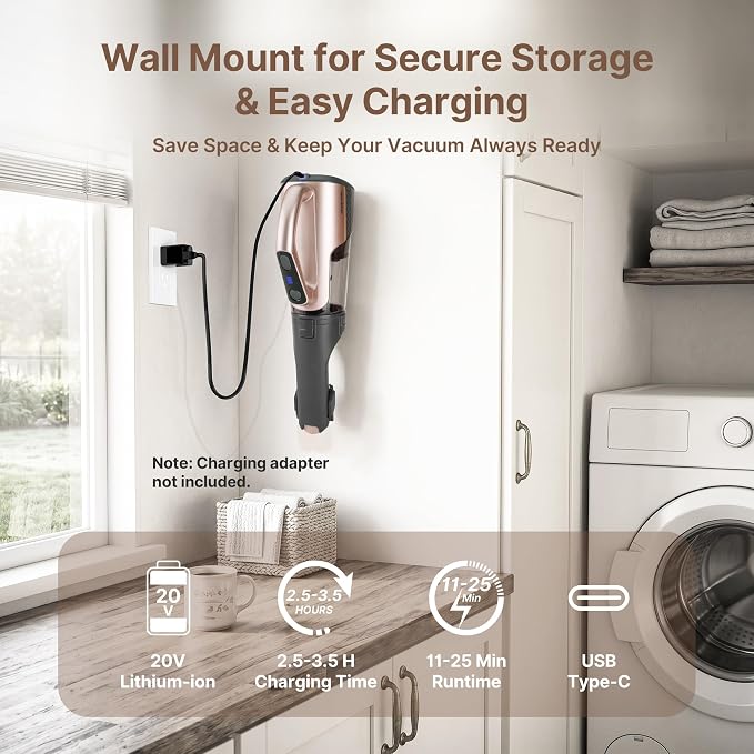 Shop-Vac S4 20V Handheld Vacuum Cordless with Brushless Motor, Rotatable Nozzle, Dual-Speed Powerful 16000 Pa Suction Portable Vacuum for Home & Pet Hair, Wall-Mounted, LED Light, Champagne Gold