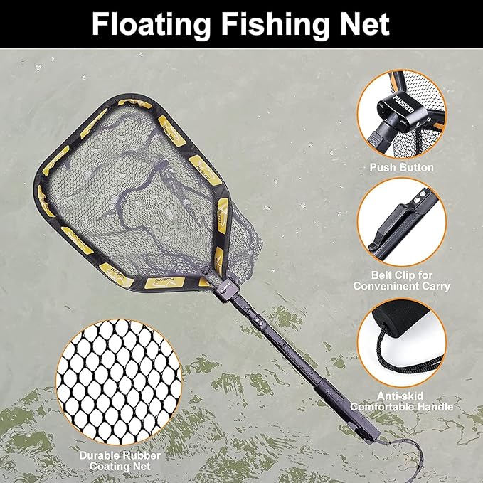 PLUSINNO Floating Fishing Net for Steelhead, Salmon, Fly, Kayak, Catfish, Bass, Trout Fishing, Rubber Coated Foldable Landing Net with Fixed or Telescoping Pole Handle, Fishing Gear and Gifts for Men