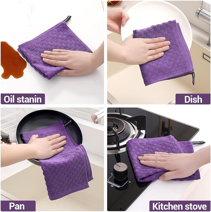 Homaxy 100% Cotton Terry Kitchen Dish Cloths, Ultra Soft Absorbent Dish Towels with Hanging Loop, Pineapple Grid Designed, 12 x 12 Inches, 6-Pack, Purple