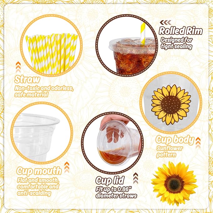 Whaline 50Pcs Sunflower Disposable Plastic Cups with Lids and Straws 12 Oz Summer Floral Cold Beverage Drinking Cups for Birthday Wedding Bridal Shower Party Supplies