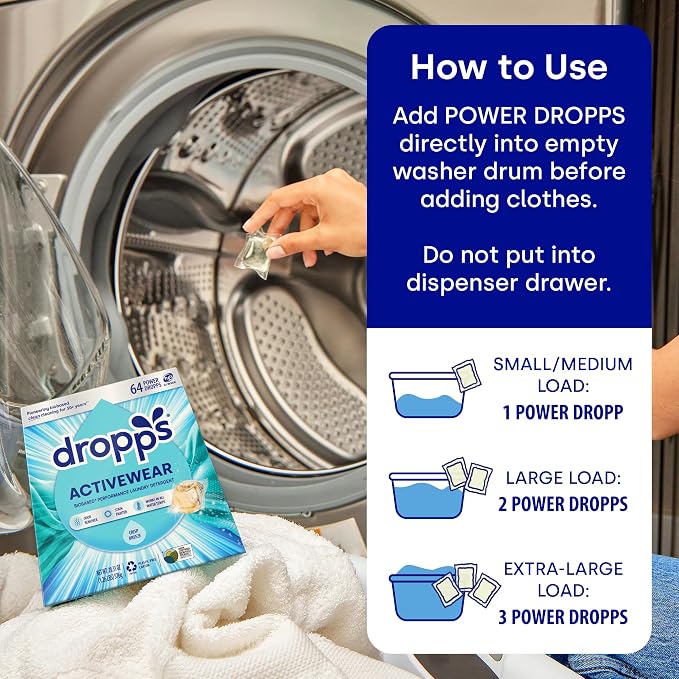 Dropps Activewear Laundry Detergent Pods, Crisp Breeze (64 Count) - Powerful Laundry Pods | Fights Sweat & Body Odors | For Synthetic Workout Clothes | Clean Ingredients | Plastic Free Packaging