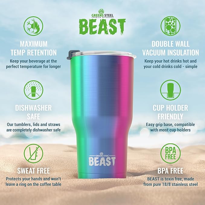 Beast 40 oz tumbler - Vacuum Insulated Tumbler with Straw - Leak Proof Stainless Steel Travel Mug - Double Wall Iced Coffee Cup - Reusable Water Bottle - Gifts for Mom, Women and Men (Rainbow)