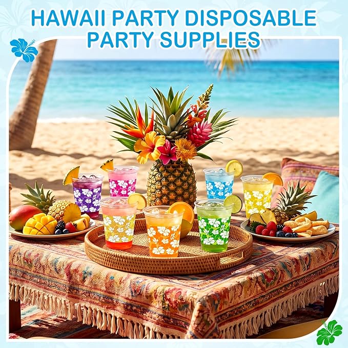 Tanlade 60 Pcs Hawaiian Luau Cups 12 oz Plastic Tropical Floral Cup Disposable Party Drinking Hawaii Hibiscus Beverage Drinkware for Summer Hawaiian Luau Tropical Pool Beach Birthday Party Supplies