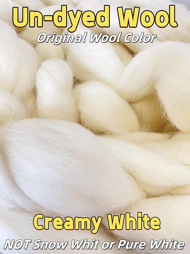 T.F GHG 1LB 100% Natural Wool Roving, Super Clean Wool Filler for Stuffing, Needle Felting, Blending, Batting, Hand Spinning DIY Project, Pillow and Dryer Balls, Natural White, Un-Dyed, Ecru,58S Wool