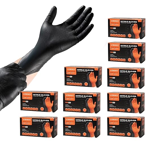 ANBOSON 10mil Nitrile-Gloves Disposable - Chemical-Resistant Rubber - Mechanic Gloves Heavy Duty, Latex Free, Diamond Grip (1000,Black Large)