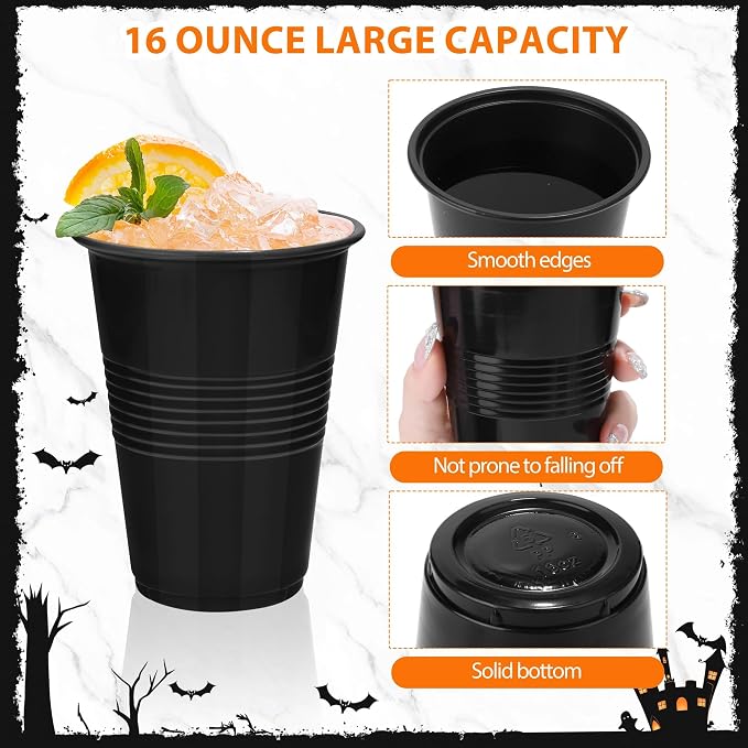 Kochorie 50 Pack Disposable Plastic Cups 16 Oz Solid Color Drinking Cups Party Supplies Strong and Sturdy Drinkware Cup For Birthday, Wedding, Christmas, Halloween & Daily Use, Black