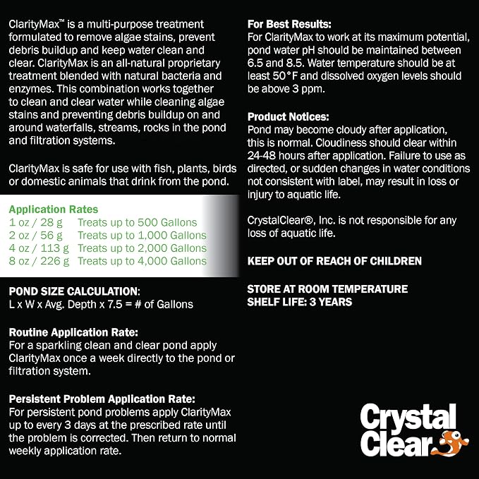 CrystalClear ClarityMax Pond Clarifier, All-in-One Natural Treatment, 1 LB | Beneficial microbes and enzymes provide max clarity, remove algae stains, and keep water gardens koi fish & pet safe