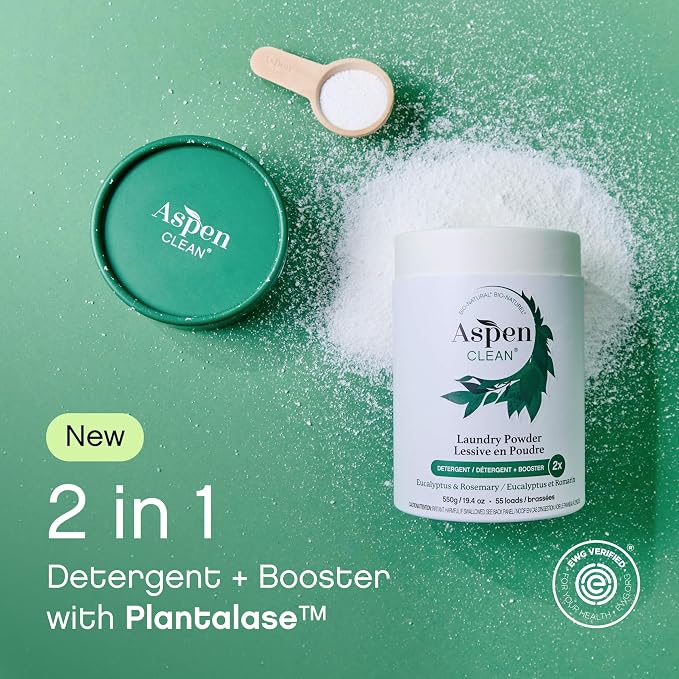AspenClean | Laundry Powder + Booster 2-in-1 | Eucalyptus | | 55 Loads | Hyper Concentrated | Stain & Odor Removal Enzyme Booster | Non - Toxic | 100% Natural | EWG Verified