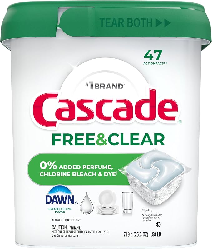 Cascade Free & Clear Dishwasher Pods, Dishwasher Detergent, Dish Detergent Soap, Unscented, 47ct (Pack of 2)