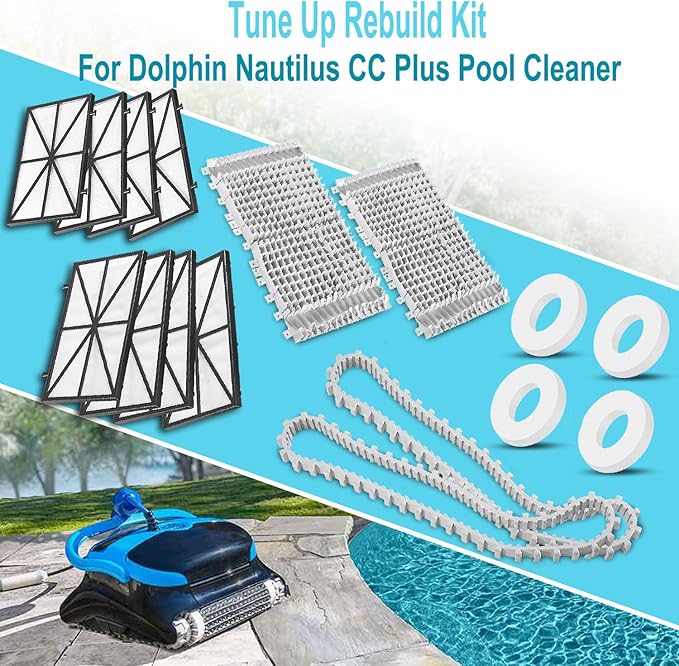 Tune Up Rebuild Kit Replacement Parts w/ 9991433-R4 Ultra Fine Filter Panels, 6101641-R2 Grey Brushes, Climbing Rings, 9985006-R2 Tracks For Maytronics Dolphin Nautilus CC Plus Robotic Pool Cleaner