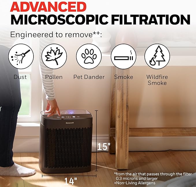 Honeywell Allergen Plus HEPA Air Purifier for Home, Large Rooms up to 900 Ft², Turbo Clean, HEPA Filter Reduces Dust, Pollen, Pet Dander, All Smoke Types, Odors, Black, HPA5100B