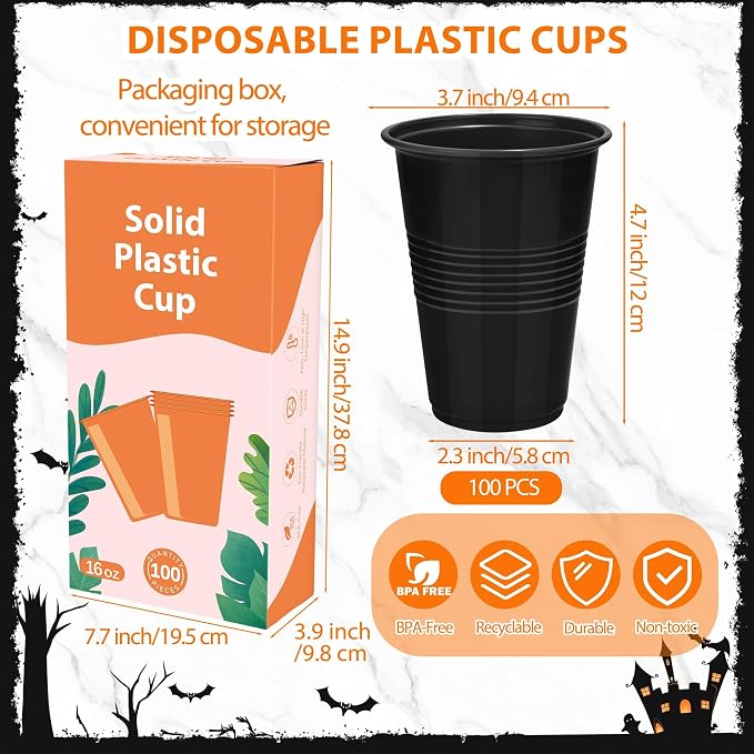 Kochorie 100 Pack Disposable Plastic Cups 16 Oz Solid Color Drinking Cups Party Supplies Strong and Sturdy Drinkware Cup For Birthday, Wedding, Christmas, Halloween & Daily Use, Black