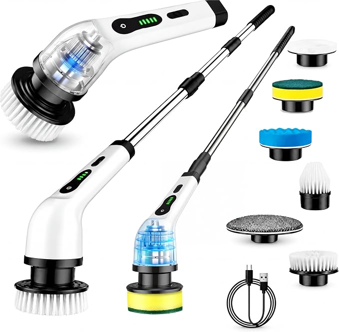 Electric Spin Scrubber, IPX7 6 Replaceable Heads, Telescoping Handle | Cordless & Rechargeable, 2-Speed Powerful Scrubbing, Perfect for Bathroom Kitchen Car Cleaning