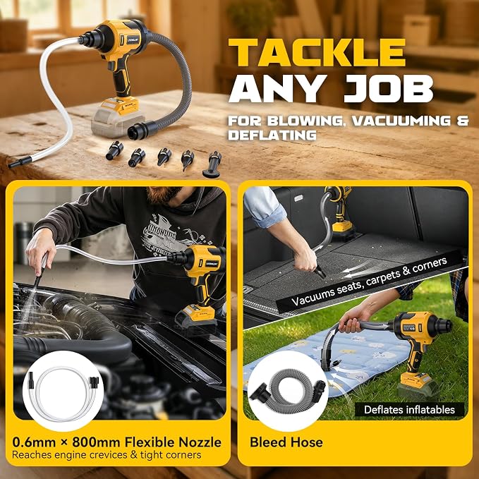 LIVOWALNY Upgraded Air Blower Compatible with Dewalt 20V Battery, 4-in-1 Compressed Air Duster, 480MPH, 120,000 RPM Brushless Motor, 4-Speed Leaf Blower for Car, Pc, Workshop (Tool Only,No Battery)