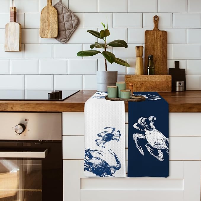 Coastal Crab Beach Decor Dish Hand Tea Towels for Bathroom Kitchen, Blue Crab Ocean Nautical Beachy Bathroom Decor, Coastal Nautical Kitchen Towels and Dishcloths Sets of 2, 16x24 Inches