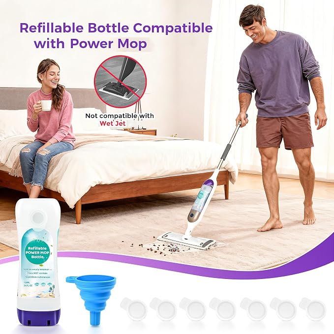 Refillable Bottle for Swiffer® Power Mop™ - 720 ML/24 FL OZ - Leak-Proof HDPE Material Solution Bottle, 2 Empty Bottle + 14 Silicone Pads + 1 Funnel, Easy Install for Use with Any Cleaning Solution