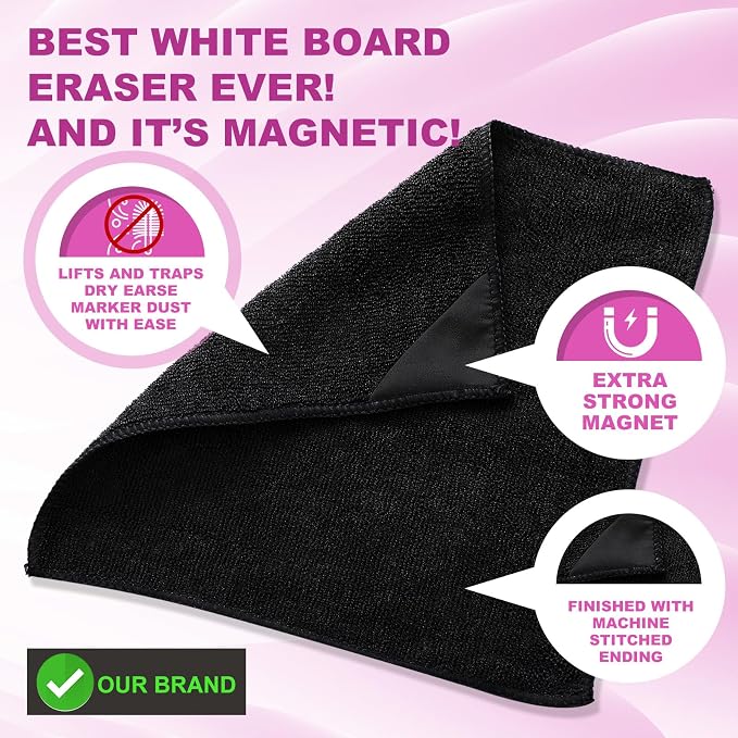 Tudomro 60 Pcs Microfiber Magnetic Cleaning Cloth Dry Erasers Bulk for Most Whiteboards Dry Erase Cloth Cleaner Reusable, Home, Office, 10'' x 10'' (Black)