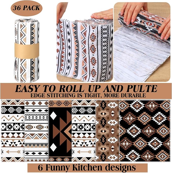 36 Pack Western Aztec Reusable Cleaning Cloths Washable Cotton Kitchen Towels for Home(Brown)