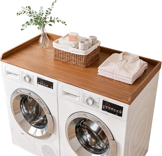 Memobarco Washer Dryer Countertop, 54" Width x 27.5" Depth Laundry Countertop Organization, Wooden Washer and Dryer Topper for Folding, Sorting & Ironing, Easy to Install, Walnut