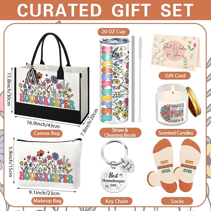 Patelai 7 Pcs Housekeeping Appreciation Gifts Thank You Housekeepers Birthday Gift Set with 20 oz Tumbler Canvas Tote Makeup for Mother's Day Housekeeper House Cleaner Employees Staff