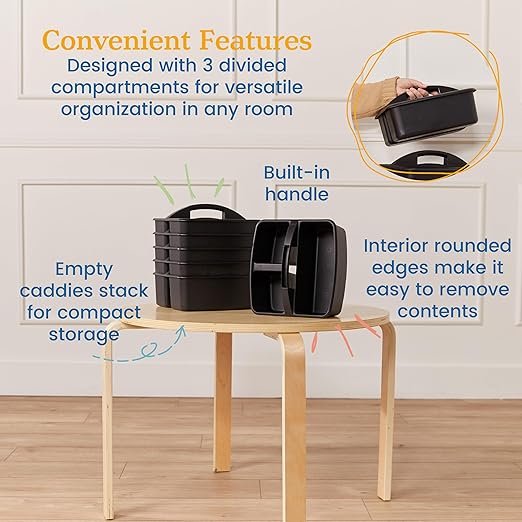 ECR4Kids 3-Compartment Small Plastic Caddy, Multipurpose Organization, Black, 6-Pack