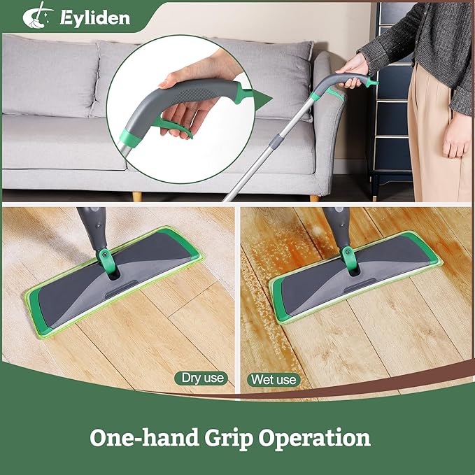 Eyliden Spray Mop with Bio-Enzyme Cleaner, Floor Mop for Hardwood, Tile & All Floors, Breaks Down Grease & Odors Naturally, 360° Swivel, 2 Washable Microfiber Pads, 4x10ml Concentrate Cleaner