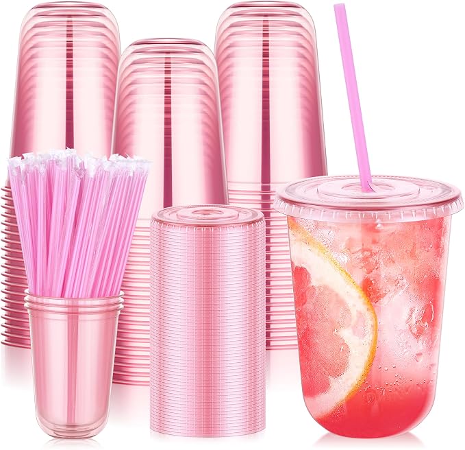 KesaPlan 50 Pack 16 oz Pink Plastic Party Cups with Lids and Straws, Disposable Iced Coffee Cup with Lids, Round Bottom Drinking Cups for Birthday Wedding Valentine's Galentine's Bachelorette Party