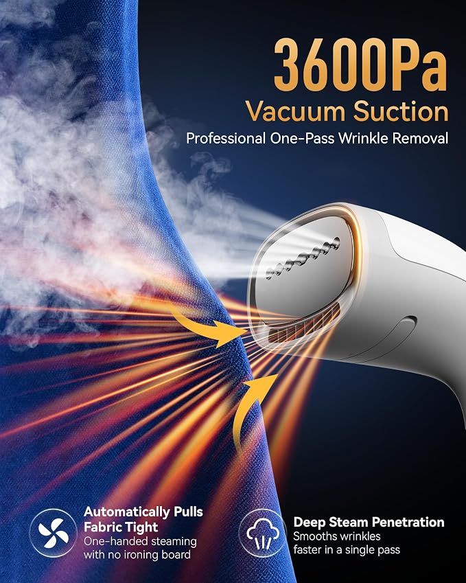 HiLIFE Vacuum Clothes Steamer, Handheld Garment Steamer with Suction, White | 3600Pa Fabric Grip, 1875W Power, 300ml Tank, Touch Steam Control, 25s Heat-Up, 9.18ft Cord,120V Only