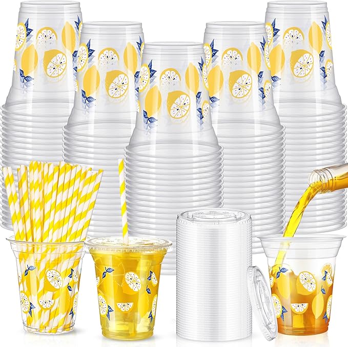 Umigy 100 Pack Plastic Disposable Cups with Lids and Straws 12 oz Disposable Cups for Juice Water Coffee Summer Party Sports Party Supplies (Lemon)