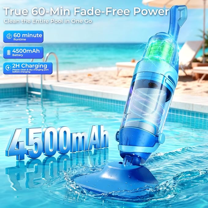 Pool Vacuum for Above Ground Pool, 1427 GPH Powerful Stable Suction, Telescopic Pole up to 90.7", 1H Runtime, Cordless Pool Vacuum for Inground Pools, Extra-Large Filter, Ideal for Leaves/Sand/Debris