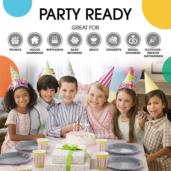 Exquisite Party Solids Silver Plates Disposable Silver Plastic Plates 100 Pieces - 50-7" & 50-9" Heavy Duty 350 GSM Disposable Dinnerware Sets, Plastic Dinnerware Sets