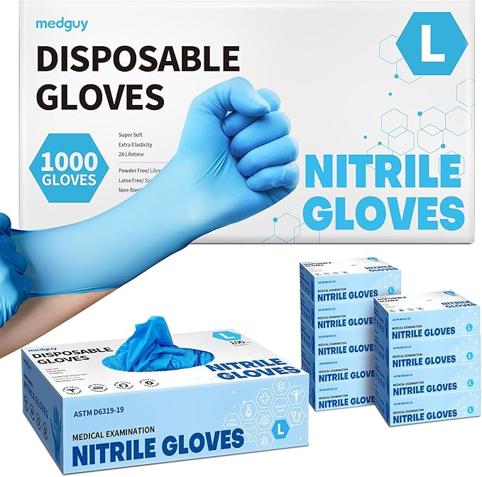 Medguy Powder-Free Nitrile Exam Gloves, 4.5 Mil, 1000 Count, Blue Food-Safe Disposable Gloves for Medical, Cooking, Cleaning