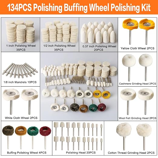 134PCS Buffing Wheels Polishing Kit for Dremel, Polishing Wheel Polishing Bits for Rotary Tool Accessories with 1/8" Shank, Abrasive Wheel Buffing Wool Felt Sanding Kit for Jewelry Wood Metal Watch
