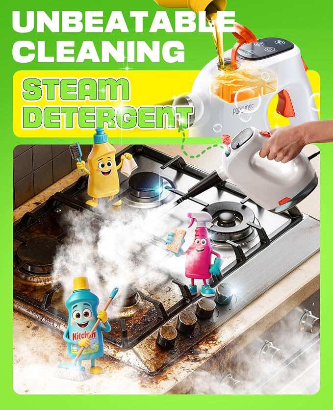 POPCHOSE Steam Cleaner with Detergent Dispenser, 15s Heat-Up Handheld Steam Cleaner for Home, Removable Water Tank