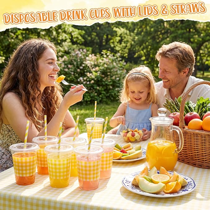 Domensi 25 Sets Yellow and White Gingham Plastic Cups with Lids and Paper Straws 12oz Checkered Party Disposable Cup Bulk Drinking Cup for Cold Drink Baby Shower Wedding Birthday Summer Party Supplies