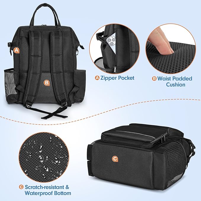 LoDrid Heavy Duty Cleaning Supplies Bag with Steel Frame Top, Large Cleaning Caddy with Adjustable Shoulder Straps and Multiple Pockets for Housekeeping Work, Black, Bag Only, Patent Designed