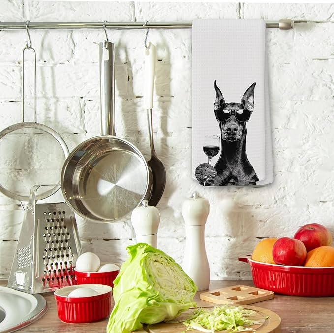 Funny Doberman Wine Kitchen Towels, Gifts for Dog Wine Lovers, Bar Accessories Dish Tea Towels for Kitchen, Dog Owners Housewarming Gift Decorative Hand Towel 16x24 Inch