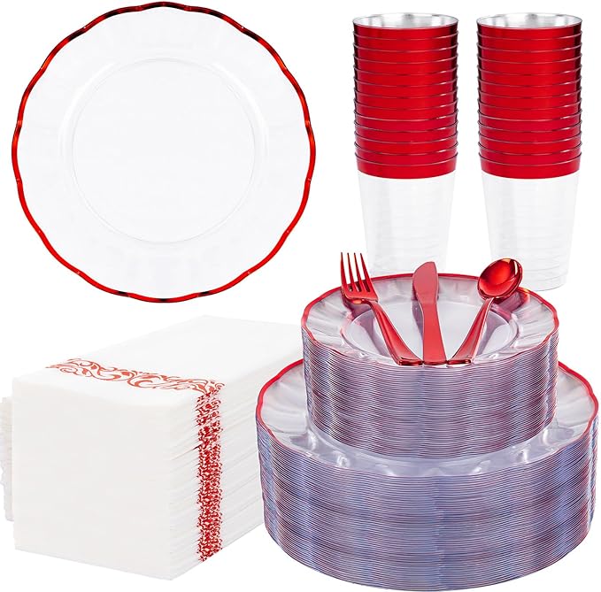 LIYH 350 Pcs Red Plastic Dinnerware Set for 50 Guests, Clear Disposable Plastic Plates with Red Rim Include: Dinner & Dessert Plates, Napkins, Cups, Silverware for Party Birthday