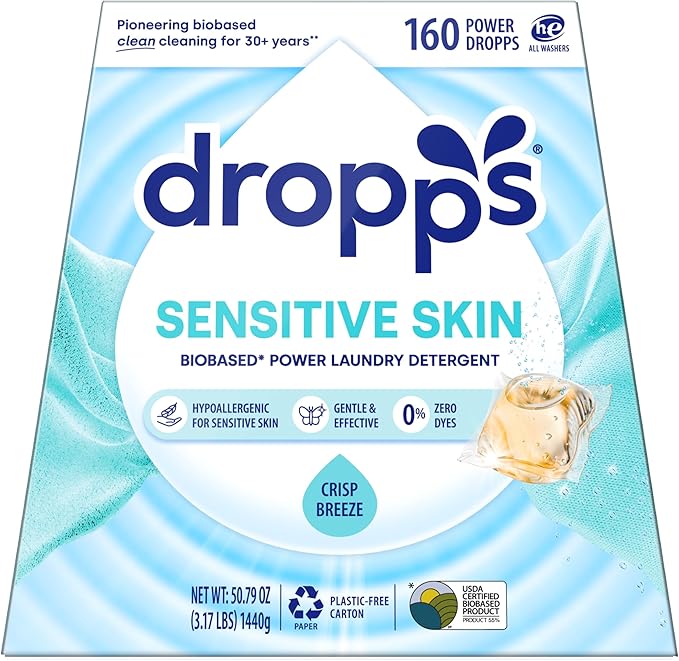 Dropps Sensitive Skin Laundry Detergent Pods, Crisp Breeze (160 Count) - Hypoallergenic & Dermatologist Tested | Dye Free | Laundry Pods for Sensitive Skin | Clean Ingredients | Plastic Free Packaging