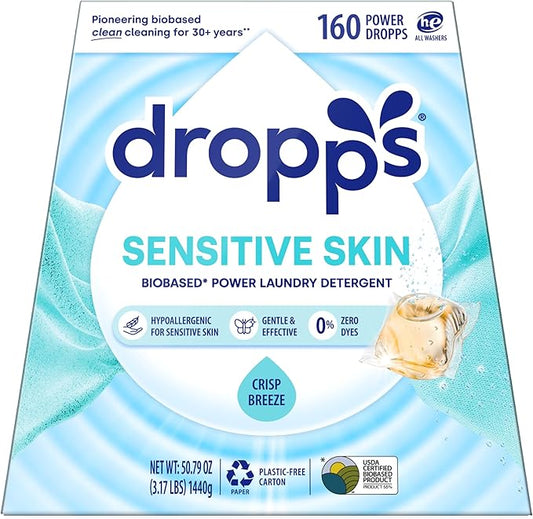 Dropps Sensitive Skin Laundry Detergent Pods, Crisp Breeze (160 Count) - Hypoallergenic & Dermatologist Tested | Dye Free | Laundry Pods for Sensitive Skin | Clean Ingredients | Plastic Free Packaging