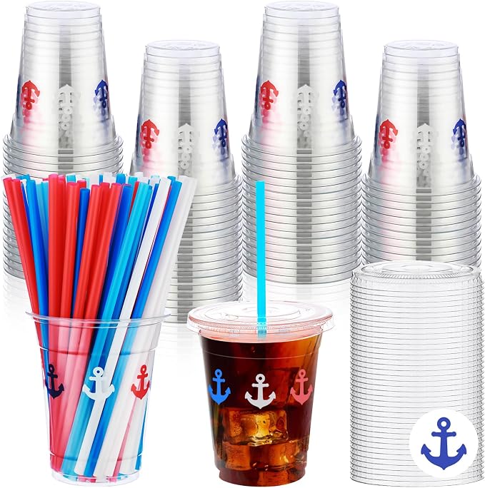 Blushtier 100 Sets 12 oz Nautical Disposable Plastic Cups with Lids and Straws, Blue Anchor Theme Party Cups Beverage Drinking Cups for Ocean Theme Birthday Summer Party Supplies
