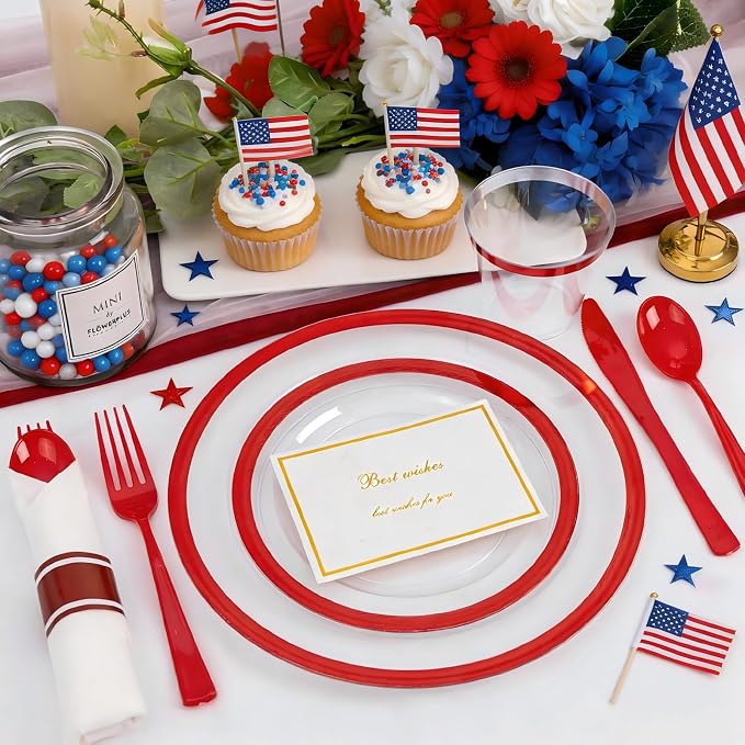 Liacere 350PCS Clear and Red Plastic Plates and Napkins for 50Guests Plastic Dinnerware Set-100 Red Disposable Plates 50 Pre Rolled Silverware Set,50 Cups for Party & Wedding & 4th of July