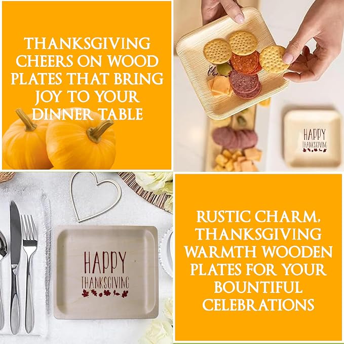 Perfect Stix 10" Disposable Wooden Plate with Happy Thanksgiving Print - Pack of 25ct