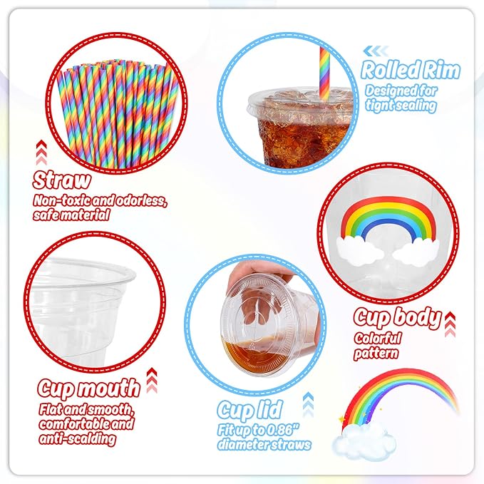 Whaline 50 Pcs 12 Oz Pastel Rainbow Disposable Plastic Cups with Lids and Straws Colorful Cold Beverage Drinking Cups for Birthday Baby Shower Party Supplies